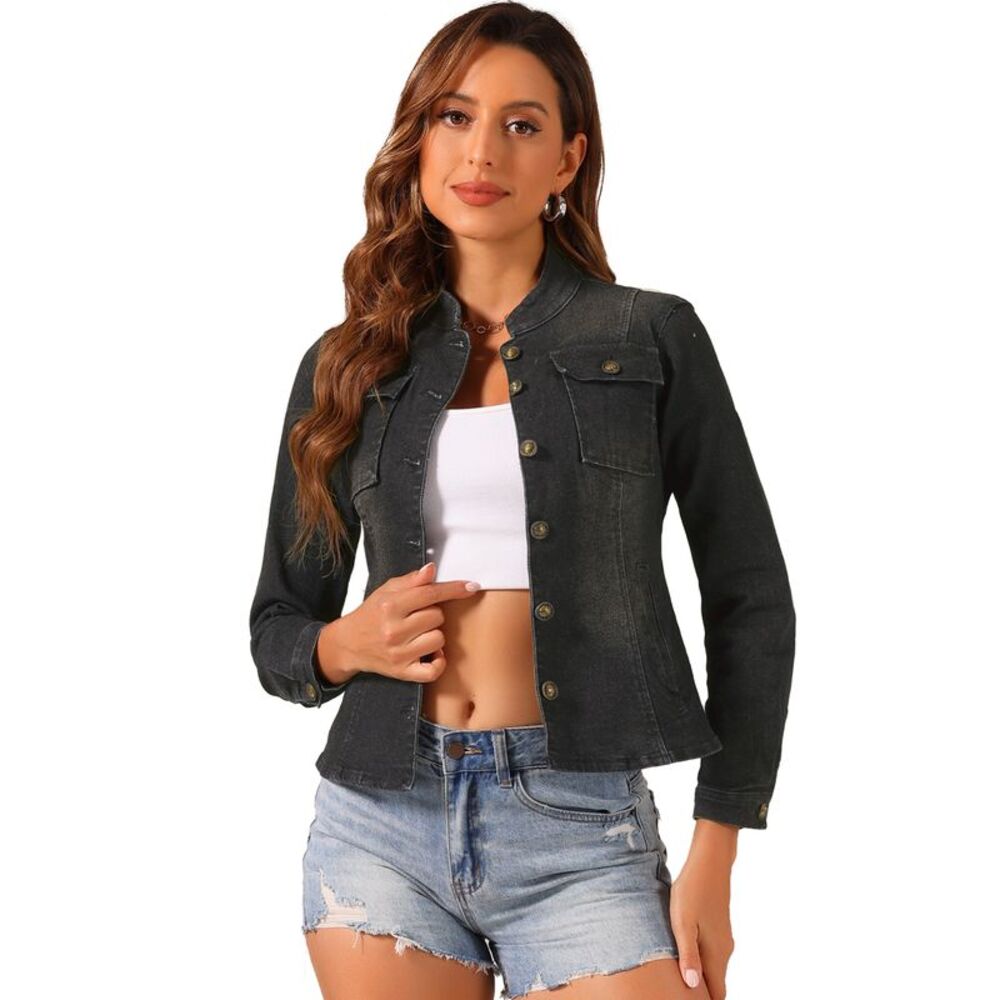 Casual Denim Jacket Classic Stand Collar Long Sleeve Jean Jacket Black